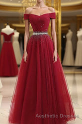 Burgundy Tulle Off Shoulder Long Evening Prom Dresses, Burgundy Evening Prom Dresses